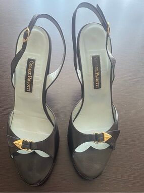 Cesare Paciotti Black Leather Slingback Sandals with Gold Accents